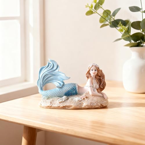 Rayberro 4.33" Mermaid Figurines Resin Blue Mermaid Sculpture Mediterranean Princess Statue Ornaments Home Office Desktop Bookshelf Decor Mermaid Collectible Crafts Fish Tank Aquarium Decoration Gift - color: Blue Beach