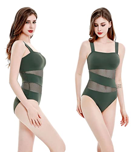 Women's Mesh Swimsuits One Piece Cutout Bathing Suits Backless Hollow Out Swimwear Sexy See Through High Cut Monokini - color: Army Green, size: 8