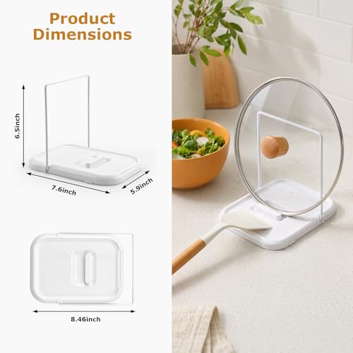 Pot Lid Holder with Spoon Rest for Stove Top, Foldable Kitchen Pot Lid Organizer for Countertop, Lid Holder While Cooking with Non-Slip Pads, White