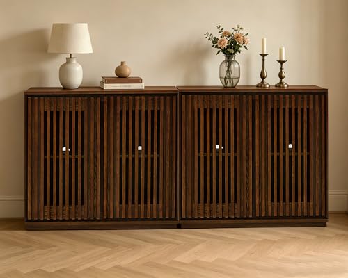 LKTART Narrow Buffet Cabinet Sideboard with Storage,Mid Century Modern Small Accent Credenza Cabinet with Doors & Shelves,Wood Coffee Bar TV Media Console Table for Kitchen,Entryway,2 Pieces - color: B- Walnut, size: 2 Pieces