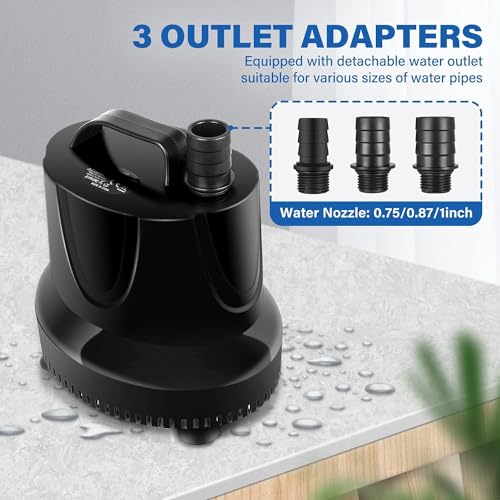 Simple Deluxe 800GPH 60W Bottom Suction Water Table Pump (3000L/H) with 3 Nozzles for Fish Tank, Pond, Aquarium, Hydroponics, Black - size: 800GPH-BOTM