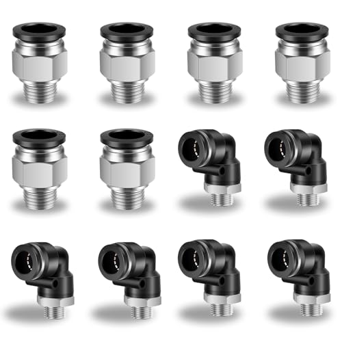 12 Pcs Push to Connect Fittings 1/2 Inch Tube OD x 1/4 Inch NPT Thread Pneumatic Male Straight and Elbow Quick Connect Air line fittings - size: 1/2"OD x 1/4"NPT