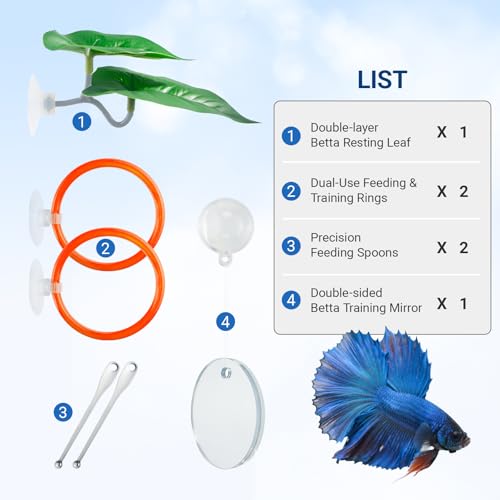 Betta Fish Toy Set: Betta Training Floating Mirror, Training/Feeding Ring, Spoon, and Resting Leaf. Promotes Exercise. Betta Toys, Resting & Feeding Kit, Orange - color: Orange