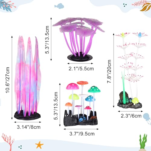 Lpraer 4 Pack Glow Aquarium Decorations Branch Coral Reef Mushroom Seaweed Simulation Glow Plant Glowing Effect Silicone for Fish Tank Decorations - color: 4 Pcs(branch Coral+coral+mushrooms+seaweed)