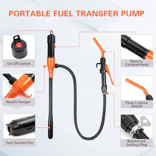 Electric Fuel Transfer Pump, Portable Battery Powered Hand Fuel Pump, Battery Gas Pumps Universal Fit for Vehicles, Boats, Lawn Equipment, Emergency & Home Use(Black Orange)