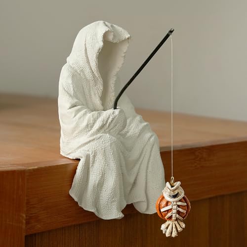 Fishing Sitting Statue Gothic Robe, Halloween Fish Tank Decor, Halloween Statue for Outdoor Garden Yard Lawn Shelf Table and Desktop (White) - color: White