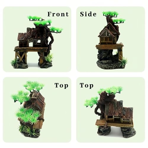 Aquarium Decorations Fish Tank Ornaments House on Terrace with Tree Root Resin Handicrafts for Betta Fish