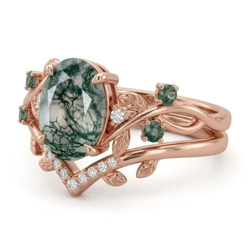 Natural Moss Agate Engagement Ring Set for Women, Unique Genuine Moss Agate Ring, 925 Sterling Silver 10K 14K 18K Solid Gold Nature Inspired Bridal Set, Boho Wedding Jewelry Gift - color: Five
