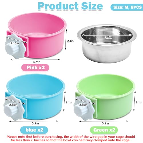 kathson Crate Dog Bowl, Removable Stainless Steel Hanging Pet Cage Bowl Food & Water Feeder Coop Cup for Cat, Puppy, Birds, Rats, Guinea Pigs (6 PCS, Size: M, 2×Blue,2×Green,2×Pink) - color: Size: M (2×Blue, 2×Green, 2×Pink), size: 6 PCS