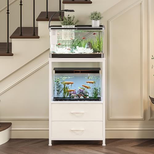 Fish Tank Stand 10 Gallon with 2-Tier Shelf, Aquarium Stand with 2 Drawers, Metal Frame Heavy Duty Reptile/Turtle Tank Stand for Home Office, Fish Tanks Accessories Storage, White - color: White