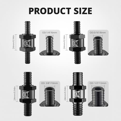 EVIL ENERGY 1/4" 5/16" 3/8" 1/2" Check Valve Set (6mm 8mm 10mm 12mm), 4 Pcs One Way Fuel Check Valve for Fuel, Diesel & Coolant, Black