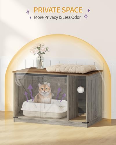 Hzuaneri Cat Litter Box Enclosure, Hidden Litter Box Cabinet Furniture with Bell, Indoor Cats House, Farmhouse Style, 39.4 x 21.7X 24.8 Inches, for Hallway, Bedroom, Greige CB85205X - color: Light Ivory and Brown, size: 39.4"L x 21.7"W x 24.8"H
