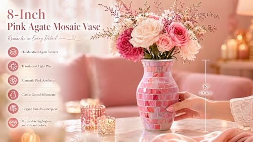 8" Pink Agate Mosaic Vase, Handmade Textured Glass Flower Vase, Romantic Rose Glass Centerpiece for Bedroom, Bathroom, Coastal Home Decor & Valentine's Day Gift - color: Pink Agate