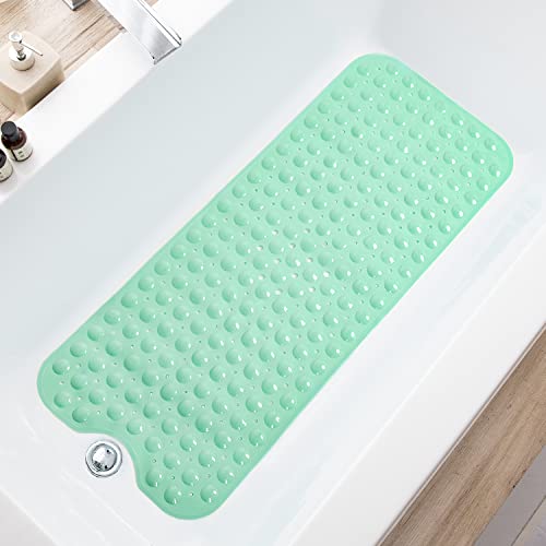 TEESHLY Bath Tub and Shower Mats, Non-Slip 39 x 16 Inch Extra Long Bathtub Mat, Machine Washable BathMat with Drain Holes, Suction Cups for Bathroom (Opaque Pale Green) - color: Opaque Pale Green
