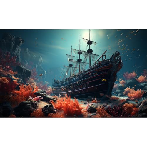 Shipwreck Aquarium Background Vibrant Coral Reef Marine Life Sunken Pirate Ship Fish Tank Background Stunning Underwater Rock Submerged Structure Reptile Tank Enclosure Terrarium Backgrounds 24x12in - color: Dark Blue_Orange, size: 24(W)x12(H)in