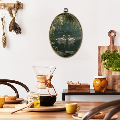 XFCICRLJ Vintage Swan Wall Art Decor, Rustic Elegant Animal Lake Landscape Oval Canvas Prints Framed, Moody Cottagecore Antique Wall Art Decorations for Home Bedroom Living Room Decor, 11x8.5 Inch - color: Swan03