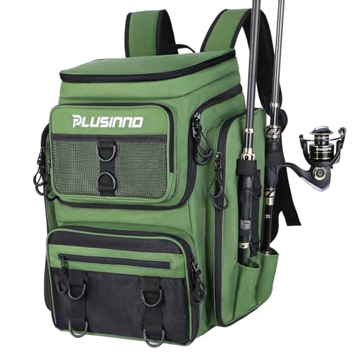 PLUSINNO Fishing Tackle Backpack with Rod Holders，42L Water-resistant Fishing Bag Store Fishing Gear,Fishing Gifts For Men. - color: Green