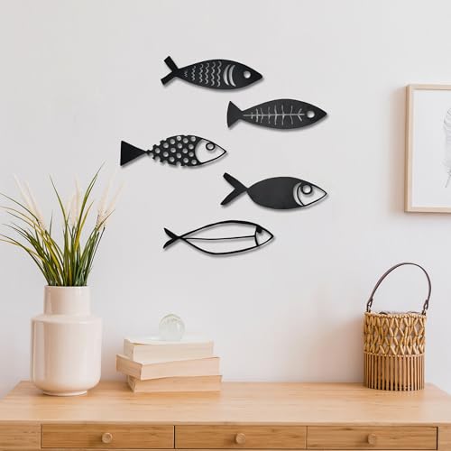 Rajukit 5 Pcs Metal Fish Nautical Beach Wall Decor Hanging Wall Sculpture Decor Lake House Ocean Decor Vintage Fish Ornaments for Home Bathroom Bedroom Kid's Room