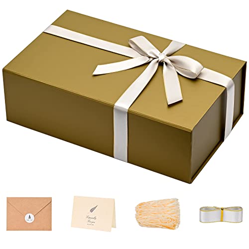 LIFELUM Empty Gift Boxes 1 Pack 13.85 x 8.35 x 4.45 inch Rectangle Collapsible Box with Magnetic Lid and Ribbon,Card,Shredded Paper Filler - color: Cyan Gold, size: 1 count (Pack of 1)