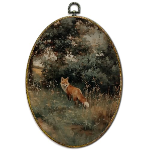 XFCICRLJ Vintage Fox Wall Art Decor, Rustic Country Cottagecore Fox Oval Canvas Prints Framed, Farmhouse Landscape Wild Animal Wall Art Decorations for Home Living Room Bedroom Decor, 11x8.5 Inch - color: fox02