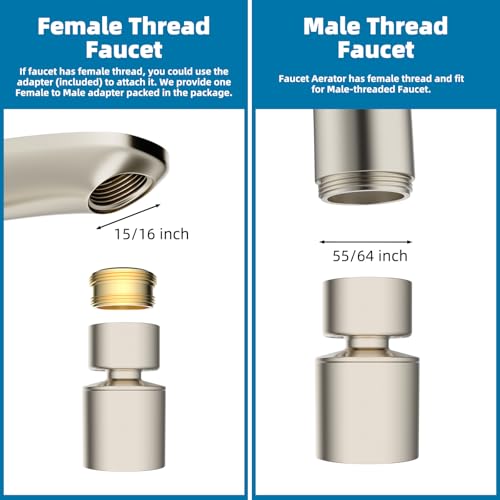 Hibbent NSF/ANSI/CAN 61 Certified Faucet Aerator, 360° Swivel Kitchen Sink Aerator, CUPC Certification 2-Flow Sink Sprayer Attachement, Faucet Replacement Part 55/64 Inch Female Thread, Brushed Nickel - color: Brushed Nickel, style: Classic 360 Degree Fau