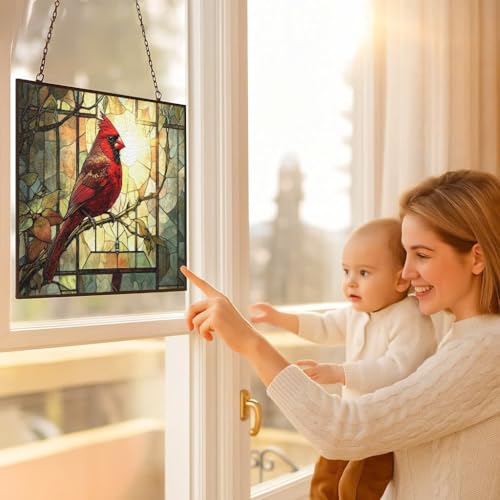 Vintage Cardinal On Branch Stained Glass Window Hanging, Colorful Sun Catchers Glass Panel Rectangle Suncatcher Decor for Birthday for Women, Men, Wife, Aunt, and Mom 15"x11" - color: Vintage Cardinal on Branch 4, size: 15x11 IN