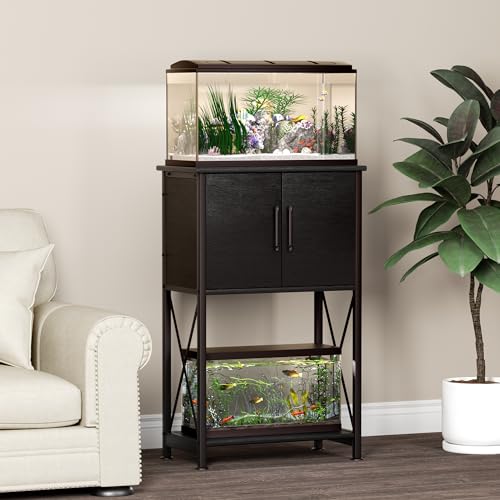 Herture 5-10 Gallon Fish Tank Stand, Metal Double Aquarium Stand with Cabinet for Fish Tank Accessories Storage, Heavy Duty 20.5" L* 11.02" W Tabletop, 500LBS Capacity Black PG06YGB - color: Black, size: 5-10 Gallon