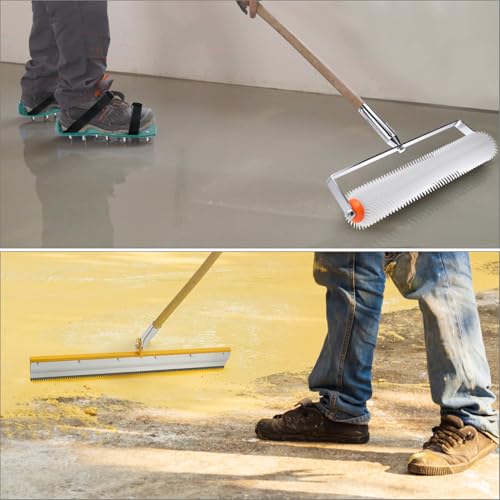 QWORK Self-Leveling Cement Tool Kit, 9" & 20" Spike Rollers with Scraper and Spiked Shoes for Cement, Mortar & Floor Leveling