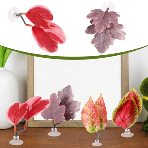 4pcs Betta Leaf Hammock, 4 Styles Adjustable Plastic Betta Bed Resting Spot Small Fish Tank Decor Decoration Accessories with Suction Cup & Bracket for Aquarium Four-Eyed Silk Fish Guppy to Rest (Red)