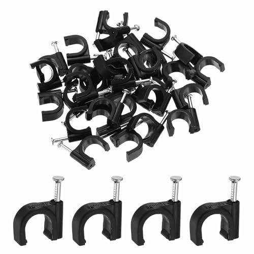 HARFINGTON 120pcs Cable Clips with Nail 10mm ID Circular Single Half Clamp J-Hook with Nail Cord Clips for Wires on Wall for Ethernet Tacks Coax Pex Tubing Pipe Support, Black