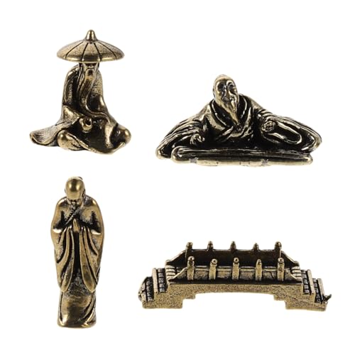 4pcs Miniature Brass Fisherman Figurines with Monk and Small Bridge, Asian Style Garden Statues for Aquarium Terrarium and Home Décor Micro Landscape Ornaments