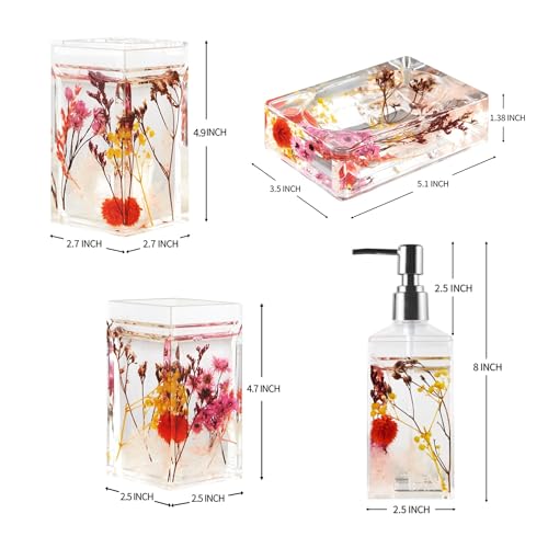 Locco Decor 4 Piece Acrylic Liquid 4D Floating Motion Bathroom Vanity Accessory Set Garden Botanic Pink Plants Toothbrush Holder, Tumbler, Soap Dispenser, Soap Dish - size: 4-piece, style: Pink Plant
