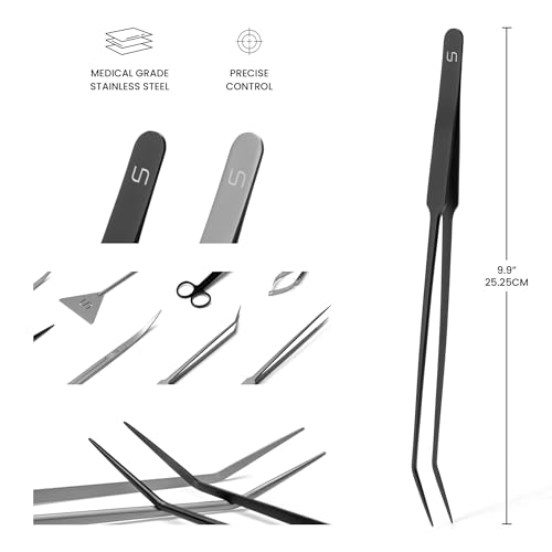 UNS Aquascaping Tools - Stainless Steel, Rust Resistant, Freshwater Planted Tank, Saltwater Reef Aquarium Maintenance Accessory - Planting, Coral Setting - Curved Pinsettes, Black - color: Black