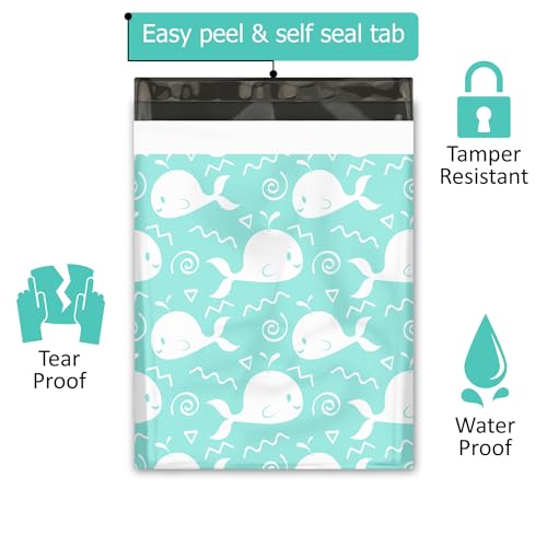 12x15 (50) Blue Whales Designer Poly Mailers Waterproof Self Sealing Tear Resistant Polymailers Shipping Envelopes Premium Printed Bags For Small Businesses - color: Blue Whale, size: 12x15