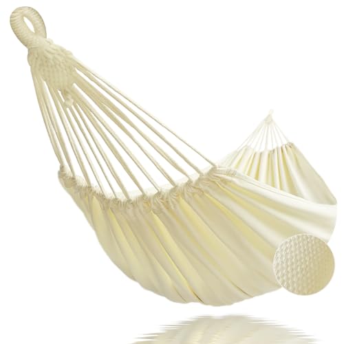 GOCAN Brazilian Double Hammock 2 Person 330X150cm Load 500Pound Cotton Hammock for Patio Porch Garden Backyard Lounging Outdoor and Indoor (Beige) - color: Beige
