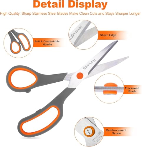 Scissors for Office School Supplies, Hnncugty 8" Scissors All Purpose Bulk Set of 6-Pack, Sharp Shears for Home Craft Sewing Fabric Middle School Student Teacher Supplies, Comfort Right/Left Handed