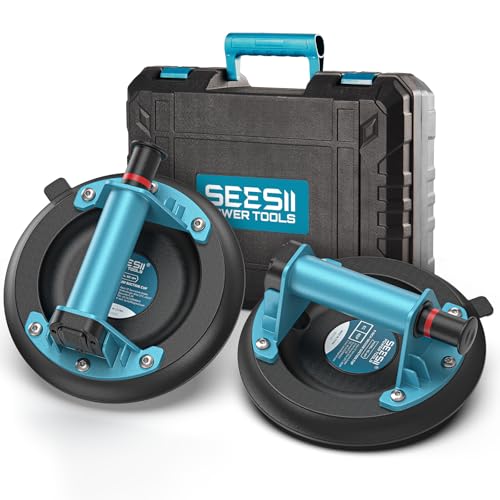 SEESII Suction Cups for Glass Lifting: 8" Tile Suction Cup Lifter with Handle and Pump, 200KG Load Capacity Heavy Duty Vacuum Lifter for Lifting Large Tile, Granite, Metal, Windows (2-Pack) - color: Blue