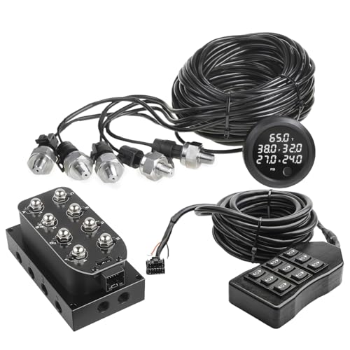 12V Solenoid Valve Air Ride Suspension manifold 8-Valve With 5M 9-switch Wired Remote Controller, equipped with five display air pressure gauge white - color: 5M-Control&White Gauge