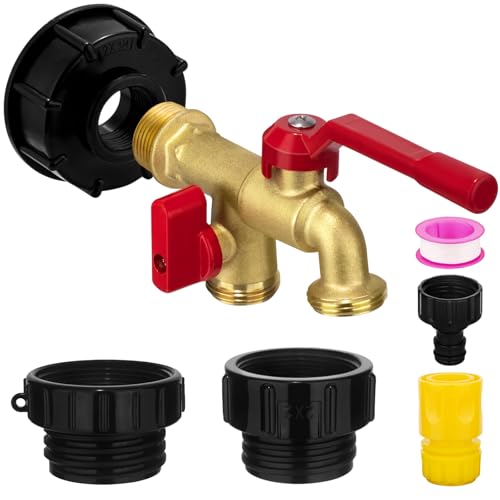 IBC Tote Hose Adapter Dual Outlet Faucets 275-330 Gallon IBC Tote Water Tank Fittings,3/4''NPT to Double 3/4''GHT Outlet Brass Garden Hose Valve with 3 Adapter,Apply to IBC Containers, Ton Barrels - color: Dual Outlet valve