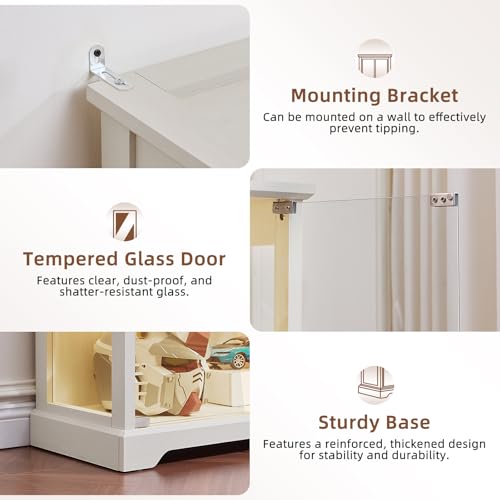 LELELINKY Farmhouse Glass Display Cabinet with Doors, Wooden Curio Cabinet for Collectibles with 3-Color LED Motion-Sensor Light & Reinforced Base, White - color: White, size: Single