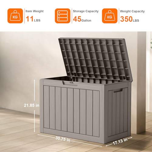 PatioZen 45 Gallon Resin Deck Box, Lockable Patio Outdoor Storage Box for Furniture, Garden Tools and Tools Storage, Waterproof Outside Storage Boxes - Grey - color: Grey, size: 45 Gallon