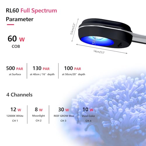 PopBloom RL60 WiFi Reef LED Light, 60W Full Spectrum Marine Reef LED Aquarium Lighting for Soft/LPS Corals & Saltwater Fish Nano Tanks, Built-in Timer, WiFi Phone Programmable, Sunrise Sunset