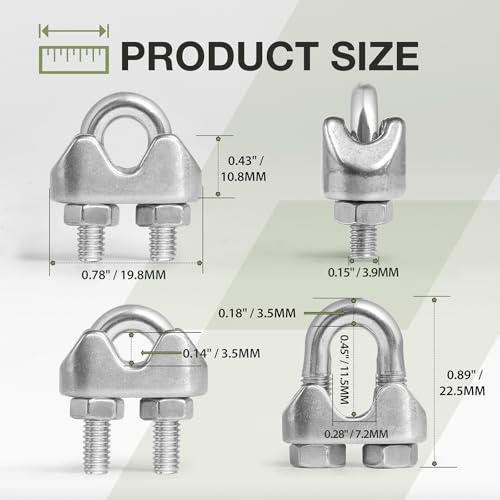 12pcs M4 Wire Rope Clamp, 5/32 inch Cable Clamps Stainless Steel Wire Rope Clips - size: M4
