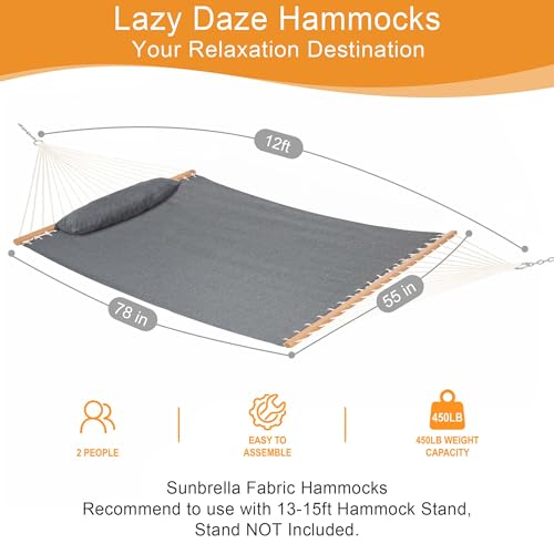 Lazy Daze Hammocks 12 FT Sunbrella Fabric Hammock Non-Fading with Spreader Bars and Free Pillow Fits for 2 Persons, All Weather and Fade Resistant for Patio Yard, 450 lbs Capacity, Cast Slate - color: Cast Slate