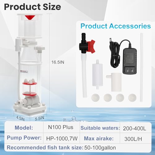 Protein Skimmer for 50-100 Gallon Saltwater Aquariums, Ultra Silent Operation (≤35dB), DC Pump with Adjustable Flow Control, Nano-Scale Protein Skimmer, Suitable for Saltwater Aquariums & Reef Tank