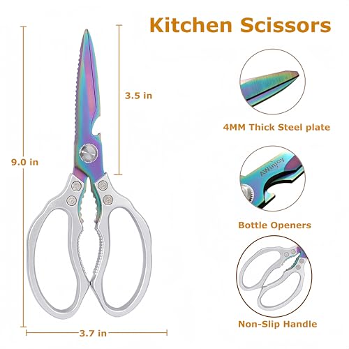 AWinjoy Heavy Duty Sharp Kitchen Scissors, Dishwasher Safe, Cooking Shears for Meat, Chicken, Fish, Poultry, Herb, Bread (Silver Color) - color: Silver Color