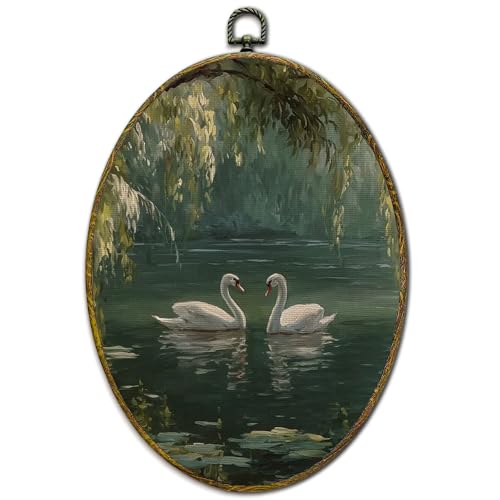XFCICRLJ Vintage Swan Wall Art Decor, Rustic Elegant Animal Lake Landscape Oval Canvas Prints Framed, Moody Cottagecore Antique Wall Art Decorations for Home Bedroom Living Room Decor, 11x8.5 Inch - color: Swan03