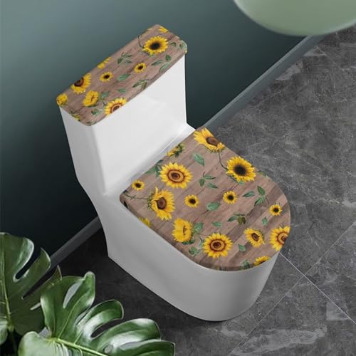 Bathroom Toilet Tank Lid Cover Set of 2, Bathroom Cover Stays in Place Soft Toilet Lid Seat Cover Home Decoration Fits Most Size Toilet Tanks & Lids, Sunflower Wood Grain Print - color: Sunflower Wood Grain Print