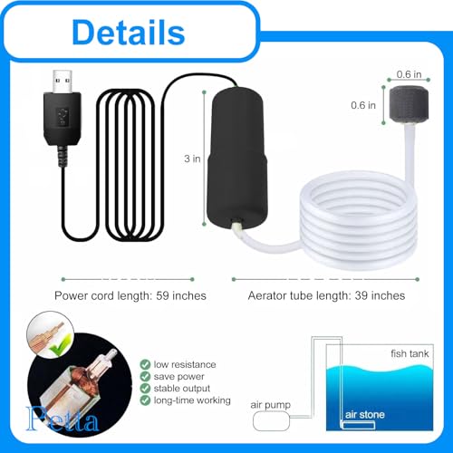 USB Oxygen Air Pump for Aquarium, Quiet Mini Air Pump with 1 Mini Single Sponge Filter, 1 Air Stone for Shirmp Nano Fish Tank & Transporting Aquatic PA152-5