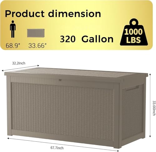 TARKARI 320 Gallon Outdoor Storage Box Waterproof, Resin Deck Boxes with Lockable Lid & UV-Resistant for Patio, Pool, Garden Furniture Cushions & Accessories, Coffee - color: Coffee, size: 320 GAL